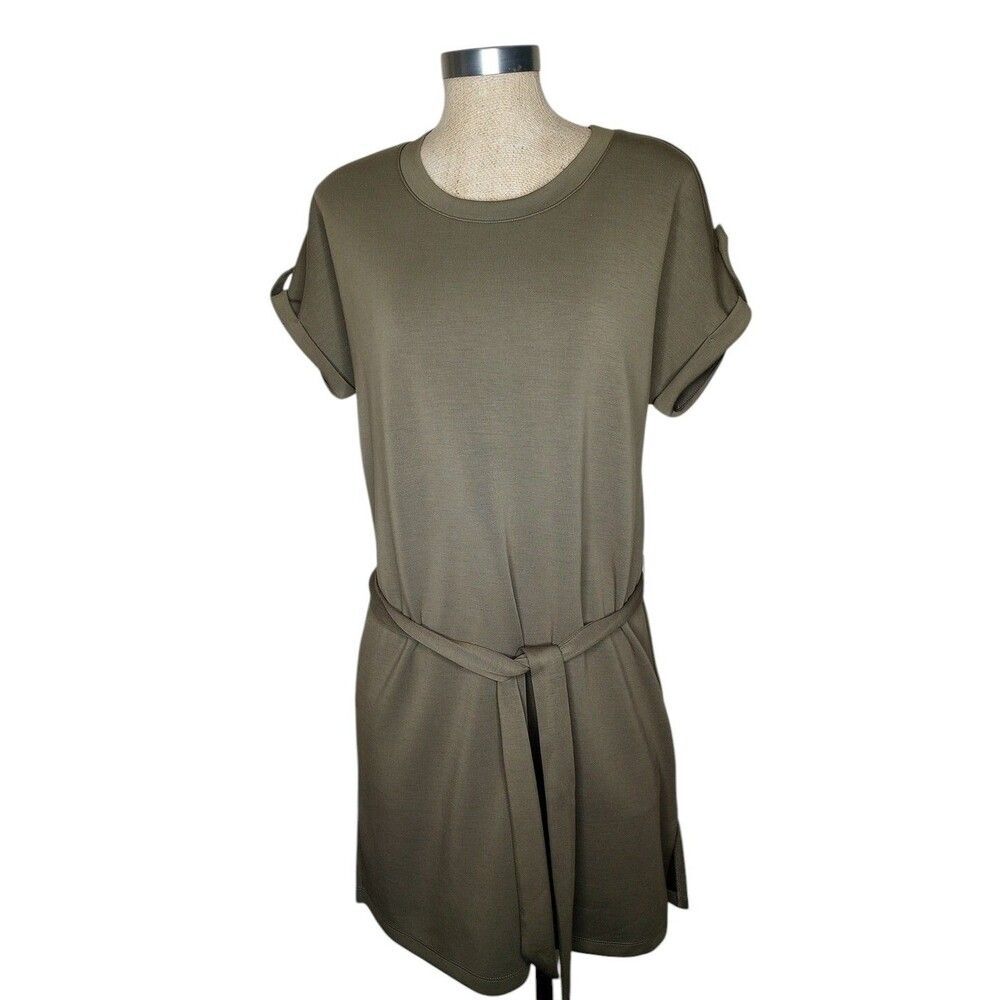 CABLE & GAUGE Tunic Top Women's Sz L  Olive Green Short Sleeve Belt New